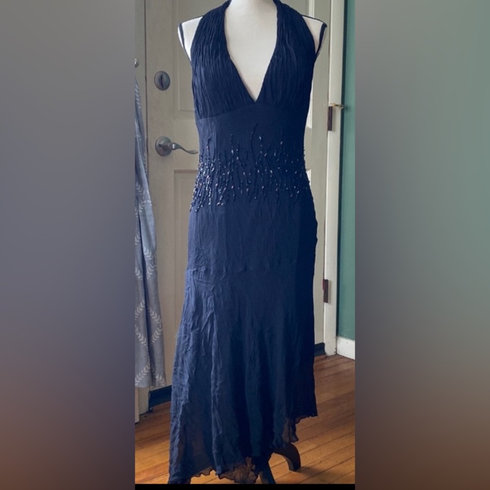 Black asymmetrical vintage halter maxi dress, Size 12